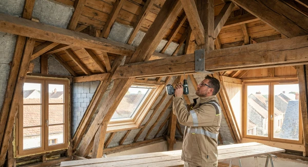 Artisan charpentier renfor&ccedil;ant une structure de charpente dans un comble, travaillant sur des poutres en bois, &agrave; l'aide d'une perceuse et de vis de fixation pour consolider l'assemblage. L'image doit montrer un professionnel &eacute;quip&eacute; de s&eacute;curit&eacute; (gilet ou v&ecirc;tement de travail) en action directe sur les &eacute;l&eacute;ments porteurs de la structure, dans un environnement d'int&eacute;rieur de combles. La photo doit &ecirc;tre prise &agrave; distance moyenne pour bien visualiser l'action technique et l'environnement du chantier.