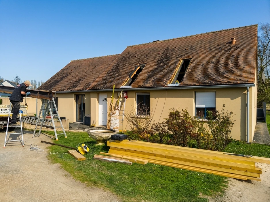 Artisan sur échelle métallique travaillant sur gouttière d'une maison pavillonnaire