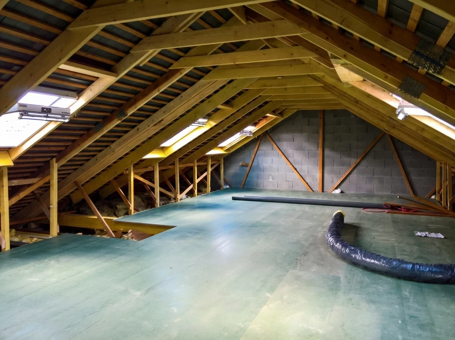 Combles aménagés en cours de travaux, structure de charpente en bois apparente avec fermes et pannes, fenêtres de toit Velux motorisées, mur pignon en parpaings