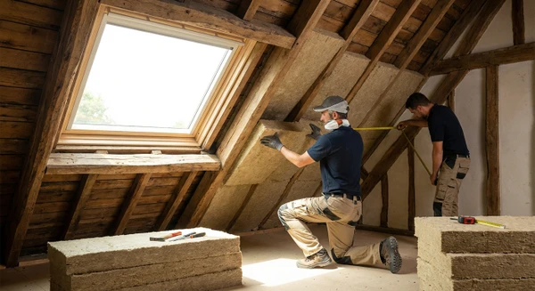 Artisan ou &eacute;quipe d'ouvriers travaillant dans un comble am&eacute;nag&eacute; partiellement achev&eacute;, en train de mettre en place des isolants biosourc&eacute;s (panneaux de fibre de bois ou chanvre) sur les rampants de toiture, avec des outils &agrave; la main. L'environnement doit montrer un chantier en cours, avec la structure de charpente visible en arri&egrave;re-plan, l'&eacute;quipe portant des v&ecirc;tements et &eacute;quipements de travail professionnels. La sc&egrave;ne illustre un travail sp&eacute;cialis&eacute; et sur mesure, adapt&eacute; &agrave; la configuration unique du comble.