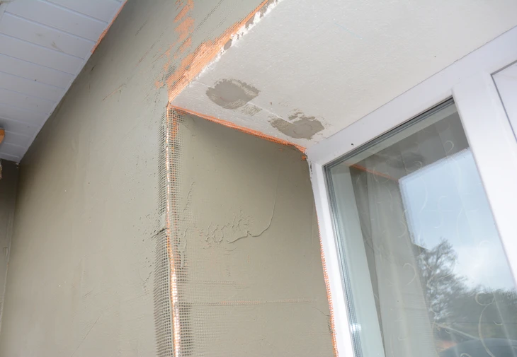 Chantier de rénovation extérieure d'une habitation avec travaux d'isolation thermique par l'extérieur en cours
