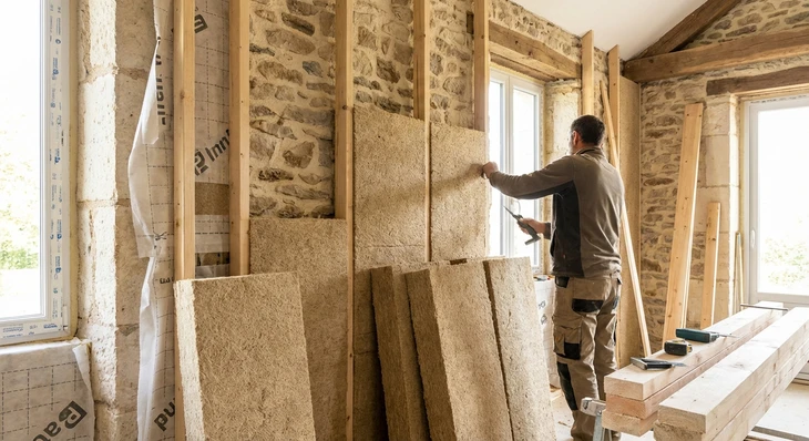 Gros plan sur un chantier intérieur montrant un mur partiellement isolé avec des panneaux de chanvre biosourcé en train d'être appliqués ou installés. La texture claire et fibreuse du chanvre doit être distinctement visible, mettant en avant ce matériau naturel. L'image doit montrer le contexte d'un chantier de rénovation sérieux avec le matériau isolant partiellement appliqué, sans personne visible si possible, ou avec un artisan en vêtements de travail de dos effectuant l'installation. La photo doit être prise en lumière naturelle ou professionnelle pour bien mettre en valeur la matière du chanvre.