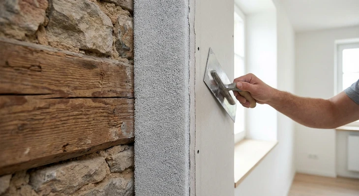 Gros plan sur une coupe de mur montrant une fine couche d'aérogel de silice blanc-grisâtre appliquée entre la structure intérieure et le revêtement de finition, mettant en évidence l'épaisseur minimale du matériau tout en conservant la profondeur de l'espace habitable. L'image doit montrer clairement la texture poreuse et légère caractéristique de l'aérogel, photographiée en lumière naturelle ou professionnelle pour bien rendre sa matière distinctive et sa performance isolante dans un contexte de rénovation intérieure.