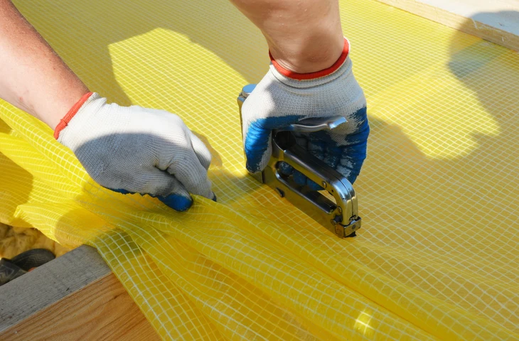 Intérieur d'atelier, ouvrier équipé de gants de protection gris et bleus utilisant une agrafeuse pneumatique sur membrane d'étanchéité jaune à trame renforcée