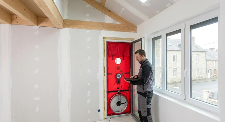 Technicien qualifié effectuant un test d'étanchéité à l'air professionnel à l'intérieur d'une maison rénovée. La scène montre le technicien manipulant une porte de soufflante (blower door) ou un pressurisateur mobile, avec des instruments de mesure numériques visibles. L'environnement est celui d'un intérieur résidentiel rénové, montrant des murs isolés ou une structure de bâtiment. Le technicien porte des équipements de travail professionnels. L'image capture l'action de mesure et de validation de l'étanchéité à l'air, illustrant la technique professionnelle et rigoureuse mentionnée dans le contenu de la section.