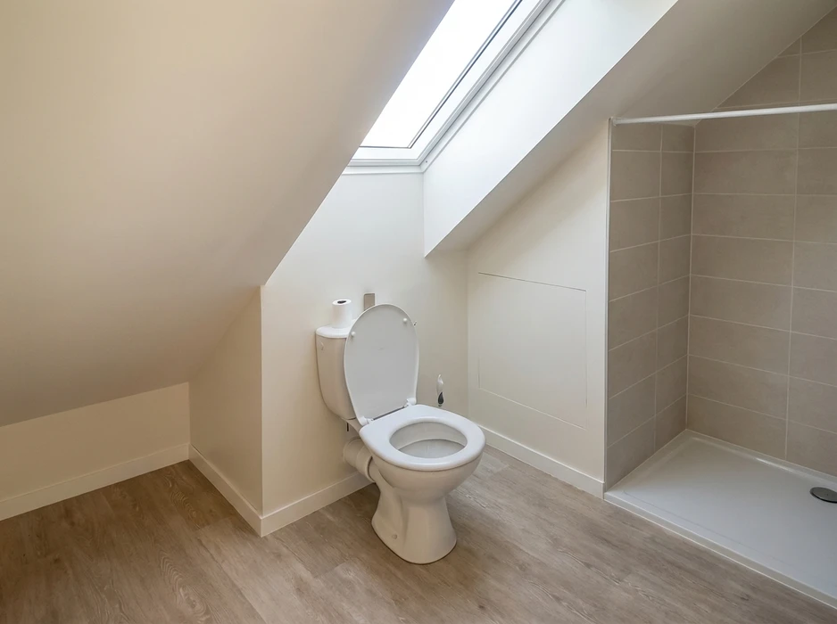Salle de bain sous combles avec WC à réservoir apparent blanc, abattant relevé, brosse WC au sol