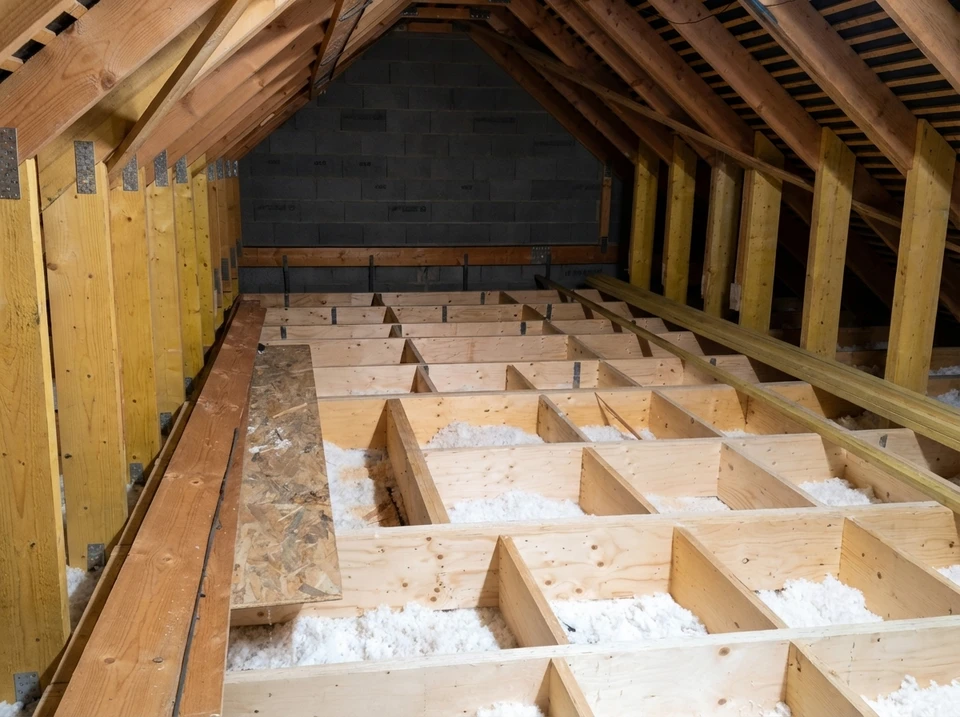 Un homme installe un film plastique de protection autour d'un châssis de fenêtre de toit Velux dans des combles en construction