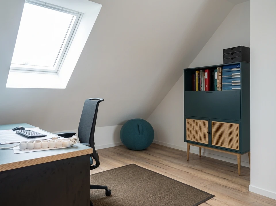 Chambre moderne sous combles avec poutres apparentes blanches, parquet en bois foncé, lit bas contemporain avec coussins gris, fauteuil en rotin blanc, console blanche avec miroir ovale à cadre noir, lampe de table dorée, velux apportant lumière naturelle