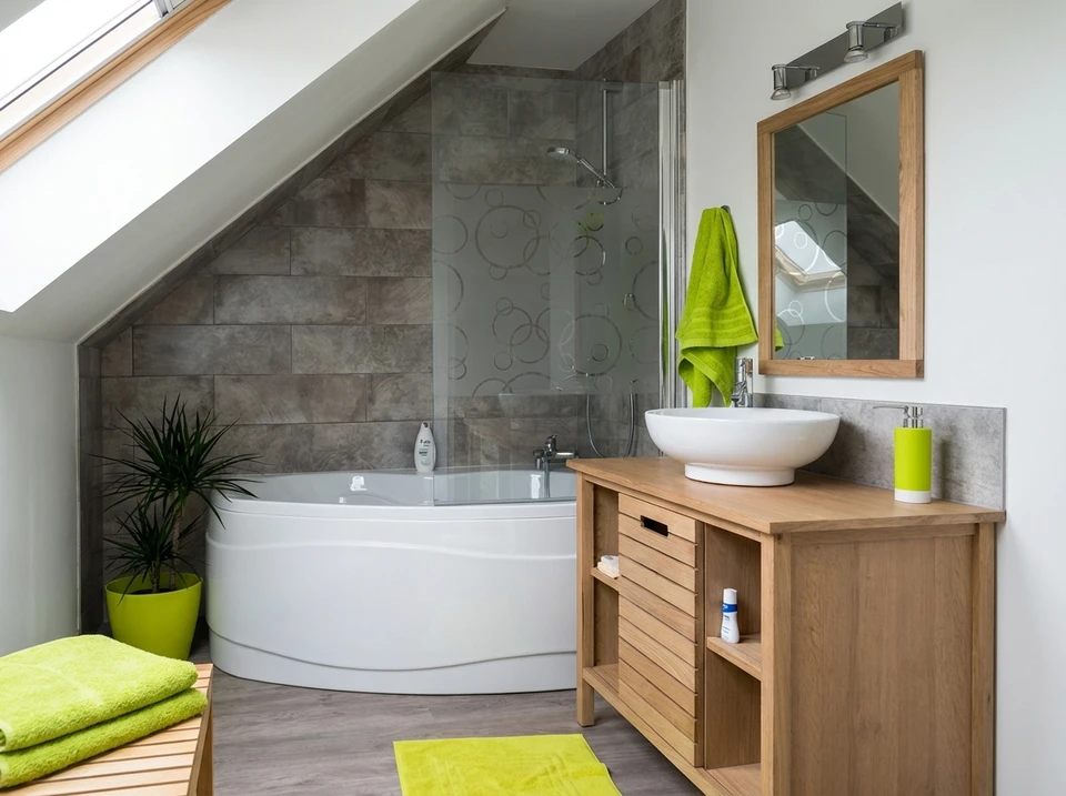 Chambre mansardée lumineuse avec fenêtres de toit VELUX combinées : un module vertical et un skylight ouvrant