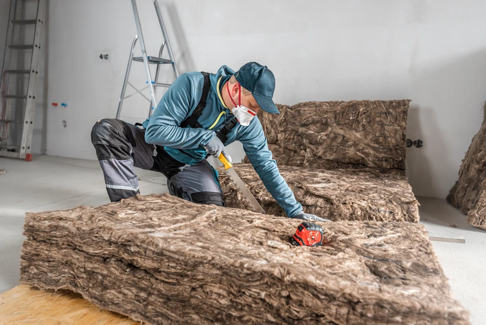Photographie en couleur d'un chantier intérieur de rénovation de combles : deux artisans travaillent ensemble dans un espace semi-aménagé avec charpente visible. L'un d'eux, portant un équipement de sécurité standard, manipule un matériau d'isolation biosourcée (chanvre ou fibre de bois) contre une paroi, tandis qu'un second artisan en arrière-plan effectue des raccordements sur une installation de ventilation ou des éléments électriques. La scène montre clairement la collaboration de différents corps de métier sur un même espace, reflétant l'aménagement de combles et la coordination multidisciplinaire. Éclairage naturel venant de la lucarne ou fenêtre Vélux, ambiance professionnelle et sérieuse.