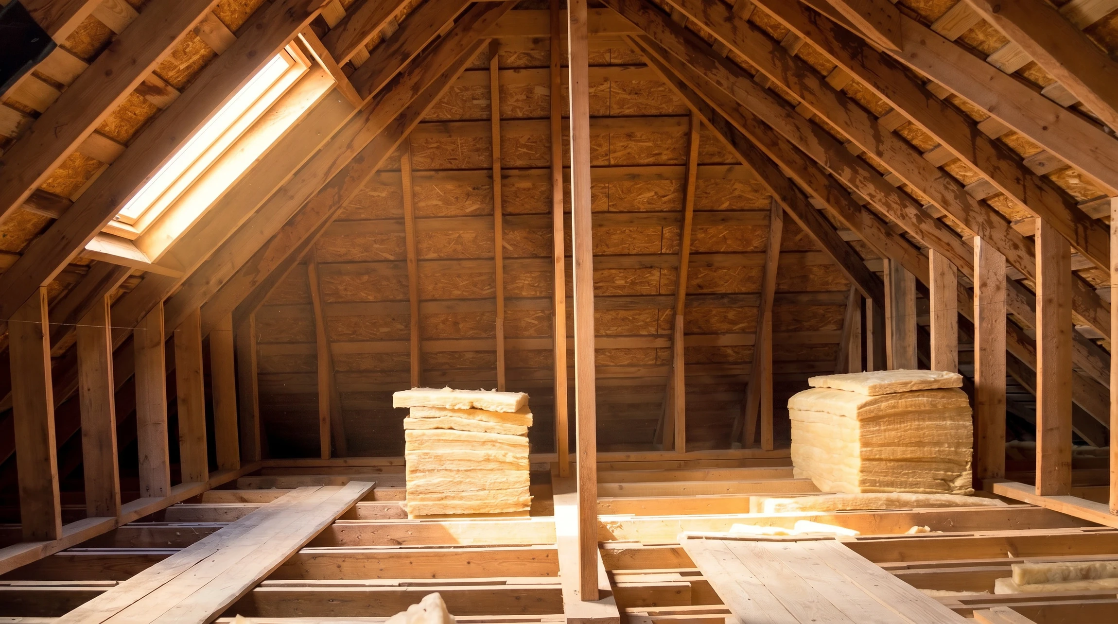 Combles aménageables en cours de rénovation avec charpente bois apparente et isolation sous-toiture